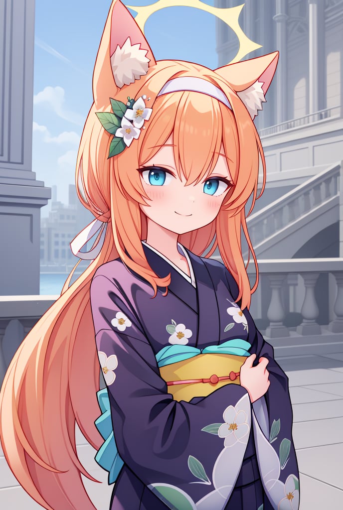 best quality, masterpiece, highres, solo, {yukata:1.40}, {kimono:1.20}, {mari_bluearchive:1.15}, long_hair, orange_hair, flower, blue_eyes, halo, bangs, blush, animal_ears, hair_ornament, animal_ear_fluff, hair_flower, smile, hairband, white_hairband, hair_between_eyes