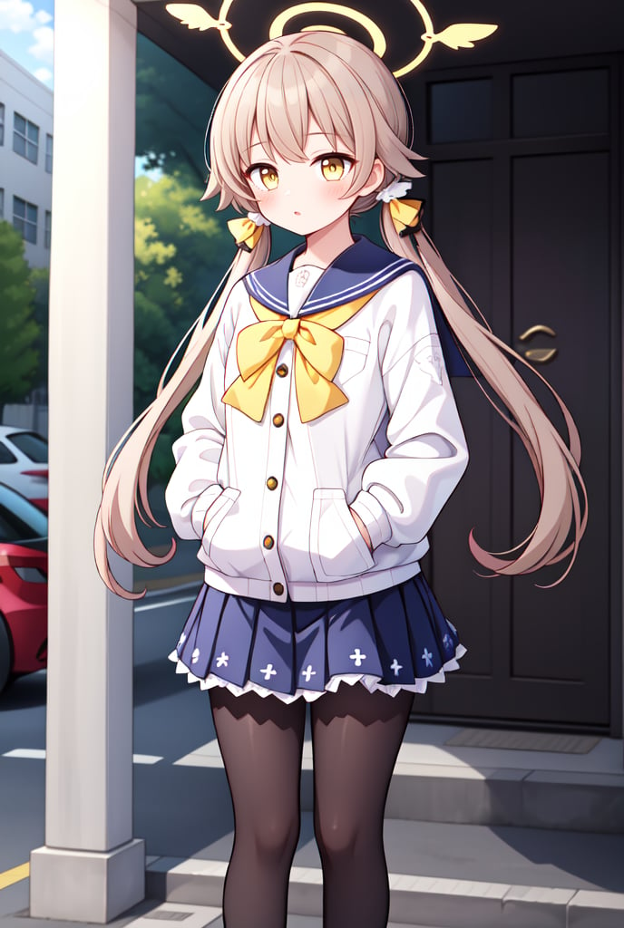 1girl, solo, (masterpiece, best quality), outdoors, street, blush, thighs, hifumi, yellow eyes, light brown hair, bangs, long hair, low twintails, tied, hair ribbon, halo, school uniform, long sleeves, sailor collar, yellow ribbon, bow, blue skirt, pleated skirt, frilled skirt, frills, black pantyhose, standing, long sleeves, hands on pocket,hifumi (blue archive)