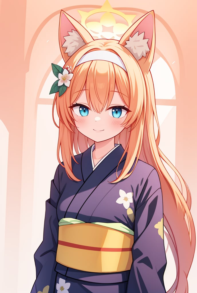 best quality, masterpiece, highres, solo, {yukata:1.40}, {kimono:1.20}, {mari_bluearchive:1.15}, long_hair, orange_hair, flower, blue_eyes, halo, bangs, blush, animal_ears, hair_ornament, animal_ear_fluff, hair_flower, smile, hairband, white_hairband, hair_between_eyes