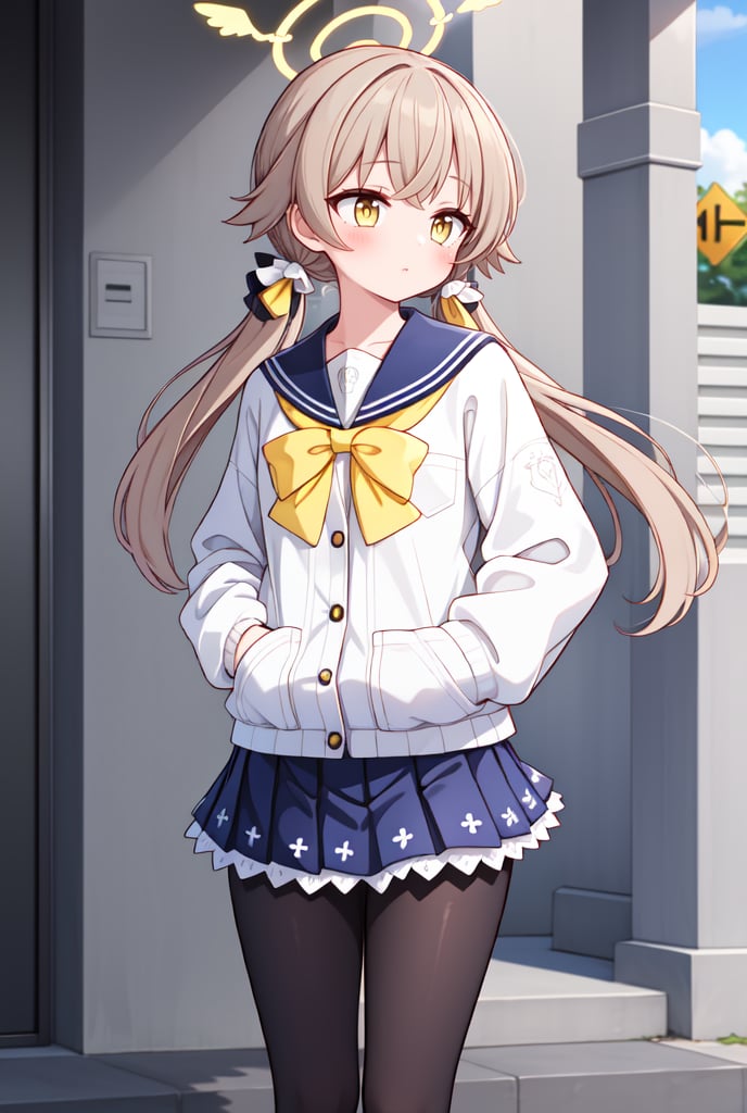 1girl, solo, (masterpiece, best quality), outdoors, street, blush, thighs, hifumi, yellow eyes, light brown hair, bangs, long hair, low twintails, tied, hair ribbon, halo, school uniform, long sleeves, sailor collar, yellow ribbon, bow, blue skirt, pleated skirt, frilled skirt, frills, black pantyhose, standing, long sleeves, hands on pocket,hifumi (blue archive)