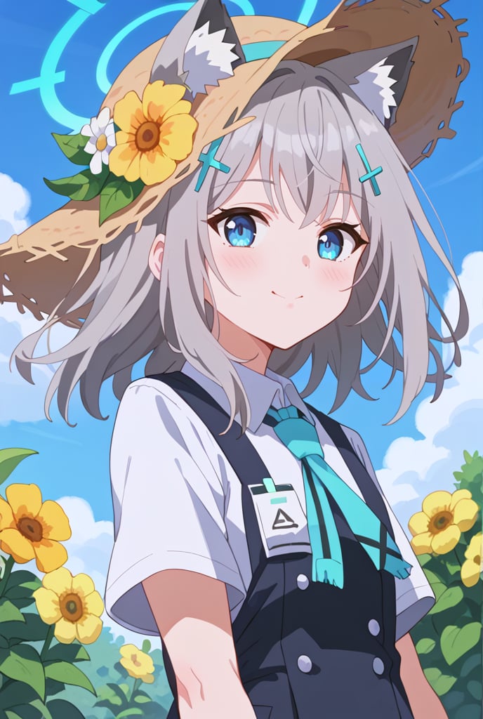 score_9, 1girl, solo, sun flower garden, shiroko-default, shiroko \(blue archive\), blue eyes, grey hair, hairclip, animal ears, halo, white onepiece, straw hat, cowboy shot, bright background, flushing,blush,happy,mouth_open, blue sky