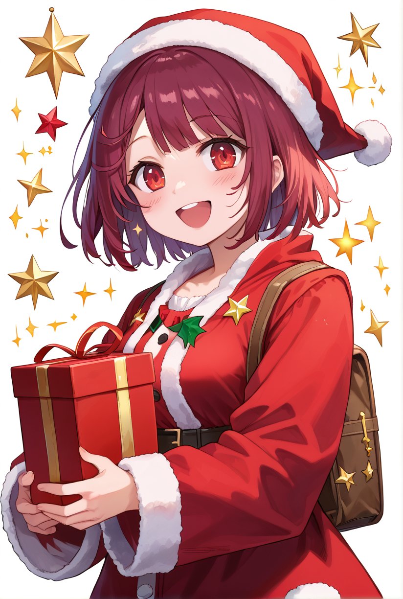 score_9, 1girl, sophieatelier, ((masterpiece, best quality)), (hyper detailed, detailed background), expressive eyes, perfect face, red santa outfit, holding red santa gift bag, simple background, white background, colorful light effects, glowing stars, festive atmosphere, magical sparkles, happy expression, short hair, blush, view from down, upper body