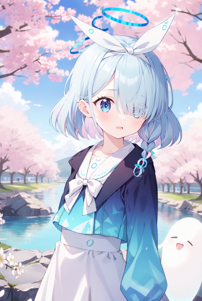 sfw, 1girl, Arona, (blue halo:1.2), blue eyes, blue hair, short hair, single braid, hair over one eye, flat chest, (white hairband:1.2), white hair bow, ghost white tunic, w arms, hillside covered in cherry blossom trees in bloom, midday lighting, idyllic and picturesque scenery, arona (blue archive)