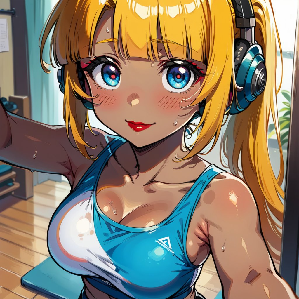 score_9, score_8_up, score_7_up, masterpiece, best quality, highres, 1girl, curvy, anime eyes, large eyes, blue eyes, kawaii anime style, very kawaii anime style, super kawaii anime style, super cute anime style, cute anime style, sexy anime style, cute girl, kawaii, cute, kawaii girl, red eyeshadow, eyeshadow, long eyelashes, eyeliner, blush, red lipstick, medium lips, full lip, full_lips, smile, upper_body, face_only, close up, face only, close_up, face, solo girl, solo_girl, 1 girl, so cute, very_cute_girl, hime_cut, hime cut, red eyeshadow, red_eyeshadow, long eyelashes, long_eyelashes, red_lipstick, red lipstick, age 25, cat_shaped_eyes, fox_shaped_eyes, thick_eyelashes, very_thick_eyelashes, thick eyelashes, blonde hair, blonde_hair, bright blonde hair, bright_blonde_hair, gym,, weight_room, treadmills, treadmill, headphones over ears, black headphones over ears, black headphones, headphones_over_ears, brown_girl, brown skin, brown_skin, brown skinned, dark skin, dark_skinned, brown_skinned, blue sports bra, blue_sports_bra, small sports bra, tight sports bra, tight_sports_bra, extremely tight sports bra, midriff, exposed midriff, exposed_midriff, large ponytail, large_ponytail, long ponytail, long_ponytail, massive breasts, black shorts, side boobs, side_boobs, side_boob, side boob, curvy hips, curvy_hips, wide_hips, wide hips, thick thighs, thigh_thighs, toned body, toned_body, abs, view from above, from_above, from above, view_from_above, leaning forward, leaning_forward, standing, sweating, girl sweating, girl_sweating, downblouse, down blouse, down_blouse, yoga, yoga posing, yoga_posing, areal view, areal_view, girl looking up, view from side, from side, view_from_side, from_side, blush, blushing, girl blushing, red blush, pink blush, selfie, selfshot, self_shot, mirror, mirror selfie, mirror_selfie