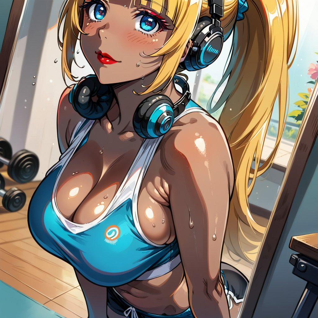 score_9, score_8_up, score_7_up, masterpiece, best quality, highres, 1girl, curvy, anime eyes, large eyes, blue eyes, kawaii anime style, very kawaii anime style, super kawaii anime style, super cute anime style, cute anime style, sexy anime style, cute girl, kawaii, cute, kawaii girl, red eyeshadow, eyeshadow, long eyelashes, eyeliner, blush, red lipstick, medium lips, full lip, full_lips, smile, upper_body, face_only, close up, face only, close_up, face, solo girl, solo_girl, 1 girl, so cute, very_cute_girl, hime_cut, hime cut, red eyeshadow, red_eyeshadow, long eyelashes, long_eyelashes, red_lipstick, red lipstick, age 25, cat_shaped_eyes, fox_shaped_eyes, thick_eyelashes, very_thick_eyelashes, thick eyelashes, blonde hair, blonde_hair, bright blonde hair, bright_blonde_hair, gym,, weight_room, treadmills, treadmill, headphones over ears, black headphones over ears, black headphones, headphones_over_ears, brown_girl, brown skin, brown_skin, brown skinned, dark skin, dark_skinned, brown_skinned, blue sports bra, blue_sports_bra, small sports bra, tight sports bra, tight_sports_bra, extremely tight sports bra, midriff, exposed midriff, exposed_midriff, large ponytail, large_ponytail, long ponytail, long_ponytail, massive breasts, black shorts, side boobs, side_boobs, side_boob, side boob, curvy hips, curvy_hips, wide_hips, wide hips, thick thighs, thigh_thighs, toned body, toned_body, abs, view from above, from_above, from above, view_from_above, leaning forward, leaning_forward, standing, sweating, girl sweating, girl_sweating, downblouse, down blouse, down_blouse, yoga, yoga posing, yoga_posing, areal view, areal_view, girl looking up, view from side, from side, view_from_side, from_side, blush, blushing, girl blushing, red blush, pink blush, selfie, selfshot, self_shot, mirror, mirror selfie, mirror_selfie