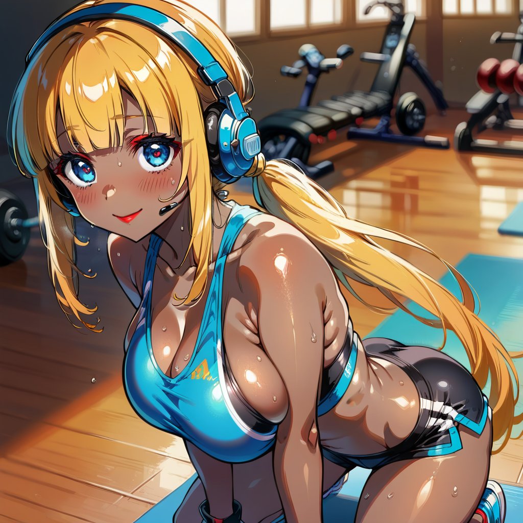 score_9, score_8_up, score_7_up, masterpiece, best quality, highres, 1girl, curvy, anime eyes, large eyes, neon blue eyes, neon_blue_eyes, kawaii anime style, very kawaii anime style, super kawaii anime style, super cute anime style, cute anime style, sexy anime style, cute girl, kawaii, cute, kawaii girl, red eyeshadow, eyeshadow, long eyelashes, eyeliner, blush, red lipstick, medium lips, full lip, full_lips, smile, upper_body, face_only, close up, face only, close_up, face, solo girl, solo_girl, 1 girl, so cute, very_cute_girl, hime_cut, hime cut, red eyeshadow, red_eyeshadow, long eyelashes, long_eyelashes, red_lipstick, red lipstick, age 25, cat_shaped_eyes, fox_shaped_eyes, thick_eyelashes, very_thick_eyelashes, thick eyelashes, blonde hair, blonde_hair, bright blonde hair, bright_blonde_hair, gym,, weight_room, treadmills, treadmill, headphones over ears, black headphones over ears, black headphones, headphones_over_ears, brown_girl, brown skin, brown_skin, brown skinned, dark skin, dark_skinned, brown_skinned, blue sports bra, blue_sports_bra, small sports bra, tight sports bra, tight_sports_bra, extremely tight sports bra, midriff, exposed midriff, exposed_midriff, large ponytail, large_ponytail, long ponytail, long_ponytail, massive breasts, black shorts, side boobs, side_boobs, side_boob, side boob, curvy hips, curvy_hips, wide_hips, wide hips, thick thighs, thigh_thighs, toned body, toned_body, abs, view from above, from_above, from above, view_from_above, on knees, sweating, girl sweating, girl_sweating, yoga, yoga posing, yoga_posing, girl looking up, blush, blushing, girl blushing, red blush, pink blush, underboob, under boob, leaning back, leaning_back, cleavage, deep cleavage, deep_cleavage, micro sports bra, micro_sports_bra