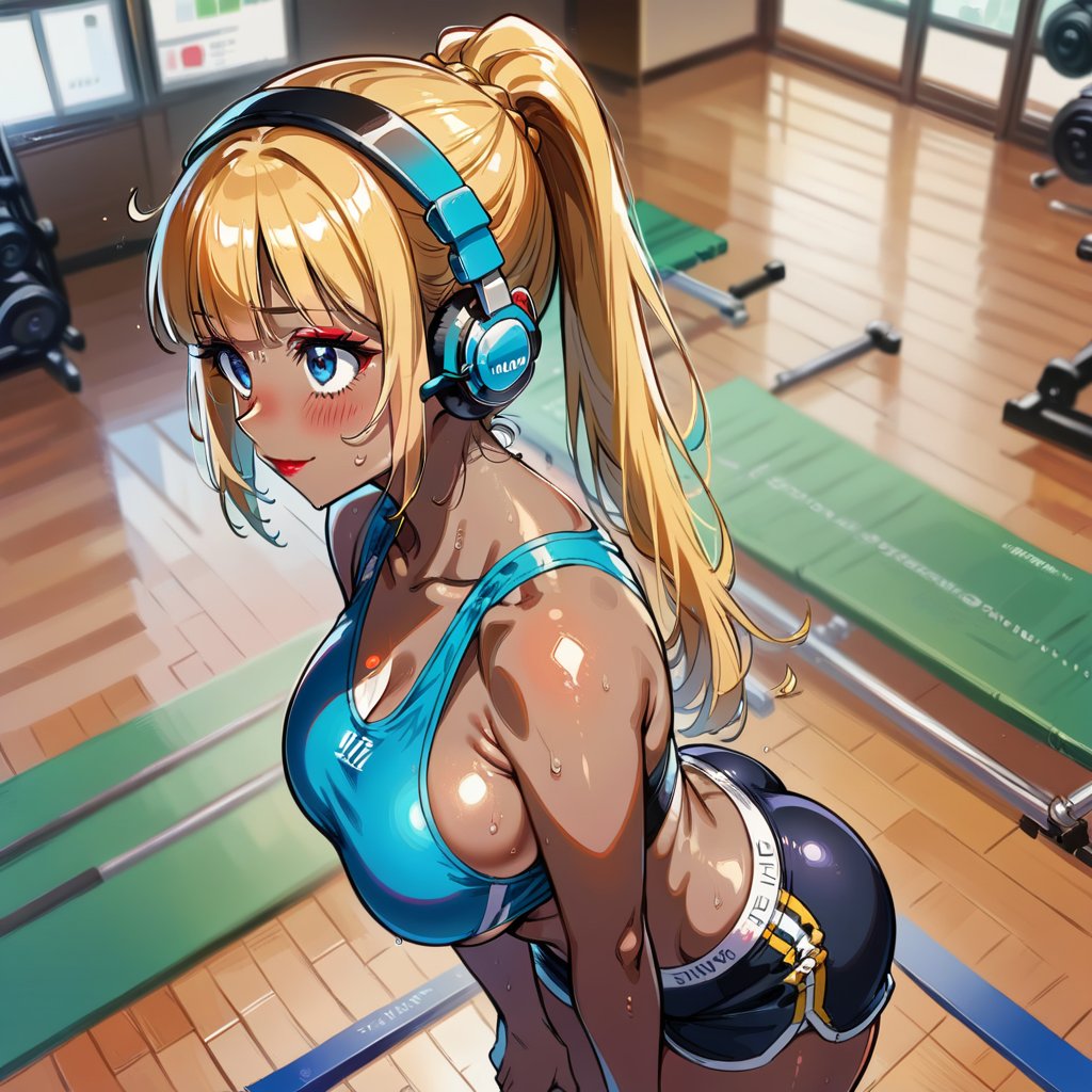 score_9, score_8_up, score_7_up, masterpiece, best quality, highres, 1girl, curvy, anime eyes, large eyes, neon blue eyes, neon_blue_eyes, kawaii anime style, very kawaii anime style, super kawaii anime style, super cute anime style, cute anime style, sexy anime style, cute girl, kawaii, cute, kawaii girl, red eyeshadow, eyeshadow, long eyelashes, eyeliner, blush, red lipstick, medium lips, full lip, full_lips, smile, upper_body, face_only, close up, face only, close_up, face, solo girl, solo_girl, 1 girl, so cute, very_cute_girl, hime_cut, hime cut, red eyeshadow, red_eyeshadow, long eyelashes, long_eyelashes, red_lipstick, red lipstick, age 25, cat_shaped_eyes, fox_shaped_eyes, thick_eyelashes, very_thick_eyelashes, thick eyelashes, blonde hair, blonde_hair, bright blonde hair, bright_blonde_hair, gym,, weight_room, treadmills, treadmill, headphones over ears, black headphones over ears, black headphones, headphones_over_ears, brown_girl, brown skin, brown_skin, brown skinned, dark skin, dark_skinned, brown_skinned, blue sports bra, blue_sports_bra, small sports bra, tight sports bra, tight_sports_bra, extremely tight sports bra, midriff, exposed midriff, exposed_midriff, large ponytail, large_ponytail, long ponytail, long_ponytail, massive breasts, black shorts, side boobs, side_boobs, side_boob, side boob, curvy hips, curvy_hips, wide_hips, wide hips, thick thighs, thigh_thighs, toned body, toned_body, abs, view from above, from_above, from above, view_from_above, standing, sweating, girl sweating, girl_sweating, yoga, yoga posing, yoga_posing, areal view, areal_view, girl looking up, from_side, blush, blushing, girl blushing, red blush, pink blush, underboob, under boob, leaning forward, leaning_forward