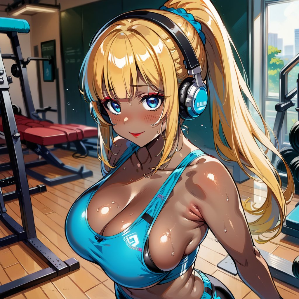 score_9, score_8_up, score_7_up, masterpiece, best quality, highres, 1girl, curvy, anime eyes, large eyes, neon blue eyes, neon_blue_eyes, kawaii anime style, very kawaii anime style, super kawaii anime style, super cute anime style, cute anime style, sexy anime style, cute girl, kawaii, cute, kawaii girl, red eyeshadow, eyeshadow, long eyelashes, eyeliner, blush, red lipstick, medium lips, full lip, full_lips, smile, upper_body, face_only, close up, face only, close_up, face, solo girl, solo_girl, 1 girl, so cute, very_cute_girl, hime_cut, hime cut, red eyeshadow, red_eyeshadow, long eyelashes, long_eyelashes, red_lipstick, red lipstick, age 25, cat_shaped_eyes, fox_shaped_eyes, thick_eyelashes, very_thick_eyelashes, thick eyelashes, blonde hair, blonde_hair, bright blonde hair, bright_blonde_hair, gym,, weight_room, treadmills, treadmill, headphones over ears, black headphones over ears, black headphones, headphones_over_ears, brown_girl, brown skin, brown_skin, brown skinned, dark skin, dark_skinned, brown_skinned, blue sports bra, blue_sports_bra, small sports bra, tight sports bra, tight_sports_bra, extremely tight sports bra, midriff, exposed midriff, exposed_midriff, large ponytail, large_ponytail, long ponytail, long_ponytail, massive breasts, black shorts, side boobs, side_boobs, side_boob, side boob, curvy hips, curvy_hips, wide_hips, wide hips, thick thighs, thigh_thighs, toned body, toned_body, abs, view from above, from_above, from above, view_from_above, standing, sweating, girl sweating, girl_sweating, yoga, yoga posing, yoga_posing, areal view, areal_view, girl looking up, from_side, blush, blushing, girl blushing, red blush, pink blush, underboob, under boob, leaning forward, leaning_forward