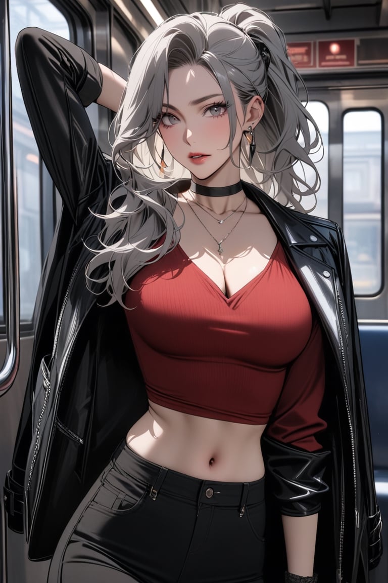 ((masterpiece, best quality, newest)),  1girl, solo, long hair, breasts, looking at viewer, shirt, gloves, long sleeves, navel, cleavage, jewelry, medium breasts, standing, jacket, ponytail, grey hair, cowboy shot, earrings, parted lips, open clothes, choker, midriff, pants, indoors, necklace, arm up, open jacket, lips, black jacket, crop top, grey eyes, black choker, black pants, red shirt, hoop earrings, jacket on shoulders, red lips, train interior, niji5, mature female, mature woman, 40 years old, charming