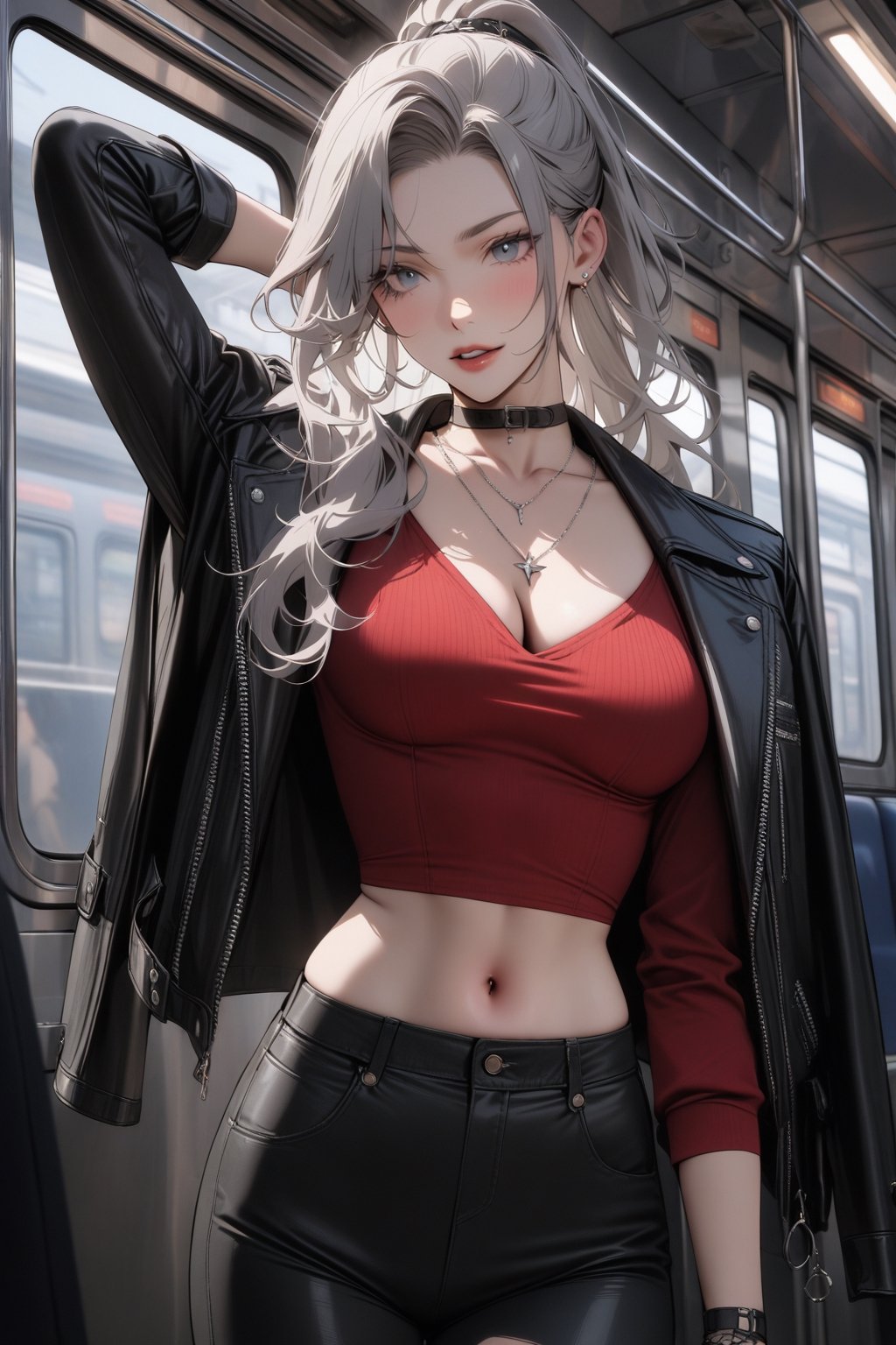 ((masterpiece, best quality, newest)),  1girl, solo, long hair, breasts, looking at viewer, shirt, gloves, long sleeves, navel, cleavage, jewelry, medium breasts, standing, jacket, ponytail, grey hair, cowboy shot, earrings, parted lips, open clothes, choker, midriff, pants, indoors, necklace, arm up, open jacket, lips, black jacket, crop top, grey eyes, black choker, black pants, red shirt, hoop earrings, jacket on shoulders, red lips, train interior, niji5