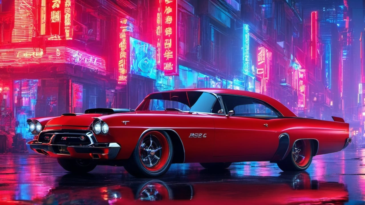 outdoors, no humans, night, ground vehicle, motor vehicle, reflection, car, muscle car, 1950s theme muscle car, vehicle focus, sports car, high quality, bright color, red car, cyperpunk, cyborg, high resolution, high quality, Cyberpunk, cyber car, Cybernetics, Futurism,cyberpunk style,night city, background night.