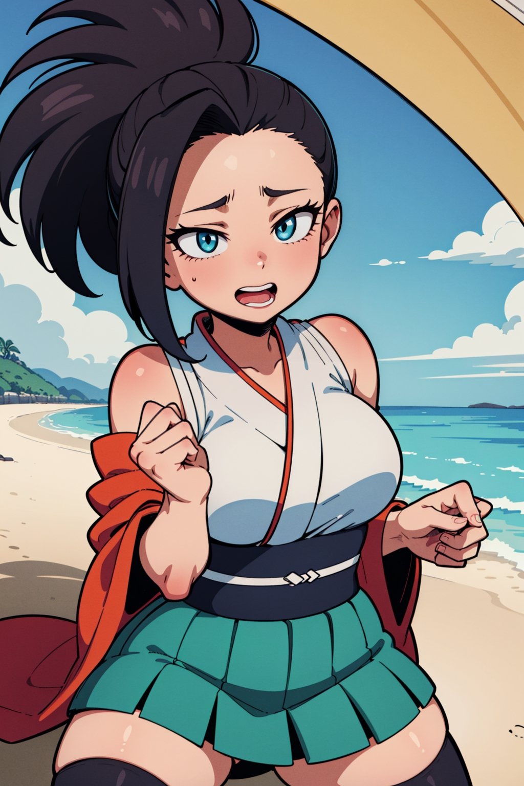 Beautiful, beautiful, high quality, highly detailed, Pose details, caricature, Physical detail, open eyes, blushing, clothing, kimono, place, beach,Momo yaoyorozu,Momo yaoyorozu from My hero academia,skirt,thighhighs,blue shirt, ,