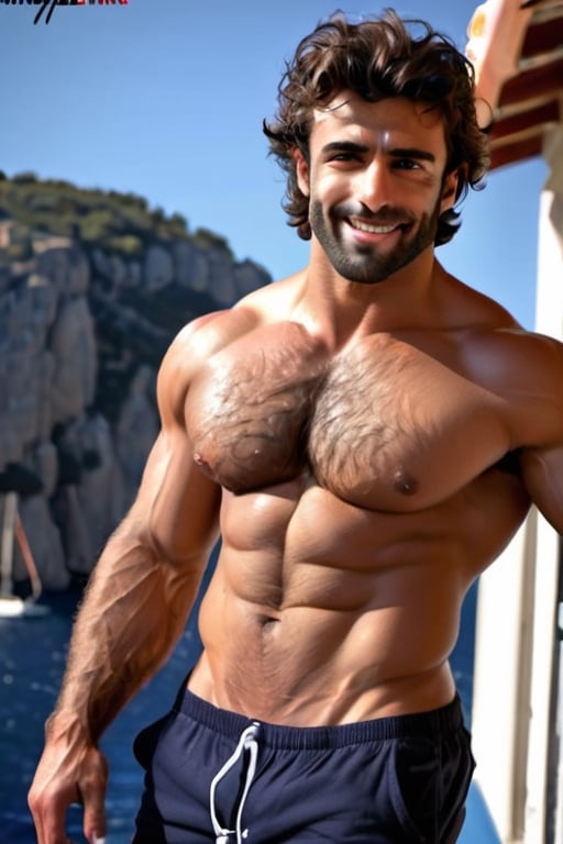 A handsome mediterranean hairy chested fit hunk,  big hard cock ,  shirtless by BlakeWilfried on Tensor.Art
