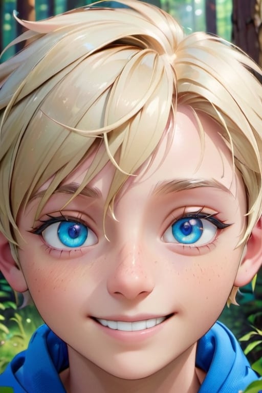 boy, face, front_view, viewer_view, close_up, cover_face, blue_eyes, smile,forest_background