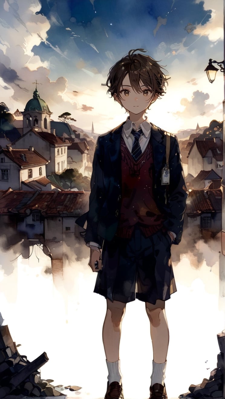 //quality
masterpiece, best quality, aesthetic, 
//Character
1 boy,
beautiful detailed eyes, big eyes, brown hair
//Fashion
The boy, dressed in a school uniform
//Background 
(watercolor:0.6), sky, scenery 