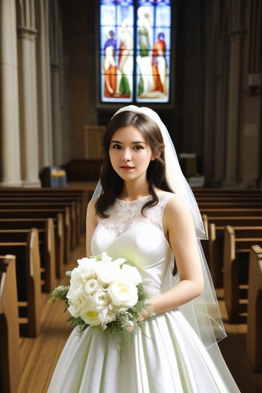 a bride standing in the church, bright, pure, close up, beautiful 