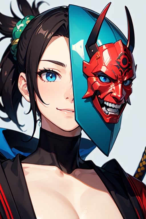 (1boy), big_breasts, face, front_view, viewer_view, close_up, (samurai_mask_on_face), cover_face, blue_eyes, smile,warm _background_color