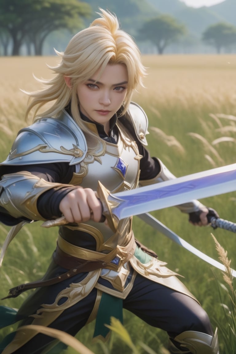 a close up of a person holding a sword in a field, heise jinyao, inspired by Huang Shen, mobile legends, inspired by Yang Jin, dio brando, a blonde emerald warrior, astri lohne, xianxia hero, zhao yun, gold paladin, male blonde elf ranger, fujin, zhongli from genshin impact, kda