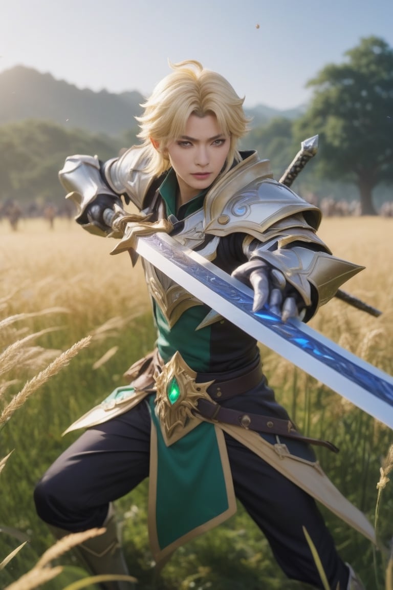 a close up of a person holding a sword in a field, heise jinyao, inspired by Huang Shen, mobile legends, inspired by Yang Jin, dio brando, a blonde emerald warrior, astri lohne, xianxia hero, zhao yun, gold paladin, male blonde elf ranger, fujin, zhongli from genshin impact, kda