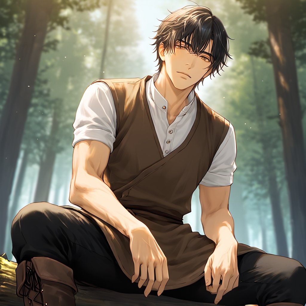 detailed anime, year 2022, 1boy, toned_male, man,
Expressiveh,
forest, sitting on log spread legs,
looking at the viewer, viewed from below, cowboy shot,
brown tunic over white shirt, black pants, brown boots,
black hair with bangs, brown eyes,