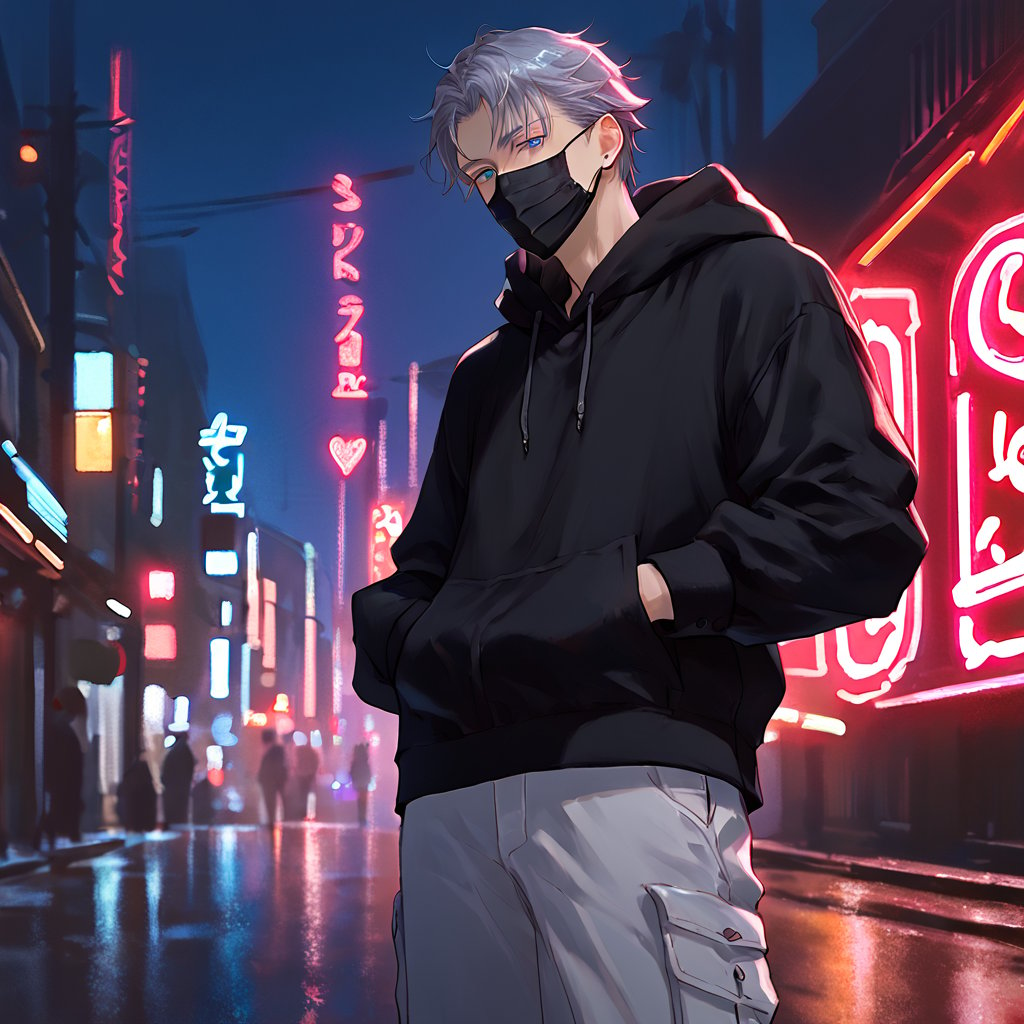 detailed anime, year 2022, 1boy, toned_male, man,
Expressiveh,detailed background,
street, outdoors, night time, neon lights background,
looking at the viewer, viewed from front,
messy gray hair, blue eyes,
black hoodie, white cargo shorts over black leggings, white sneakers, black face mask,
standing, hands on hoodie pockets,