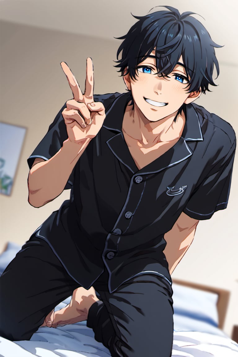 detailed anime, year 2022, 1boy, toned_male, man,
bright skin, good shading, countershading, detailed background, viewed from below, front view,
bedroom, on top of bed kneeling, smiling, hands peace sign,
black pajama shirt, black pajama pants, Expressiveh, black hair with bangs, blue eyes, barefoot