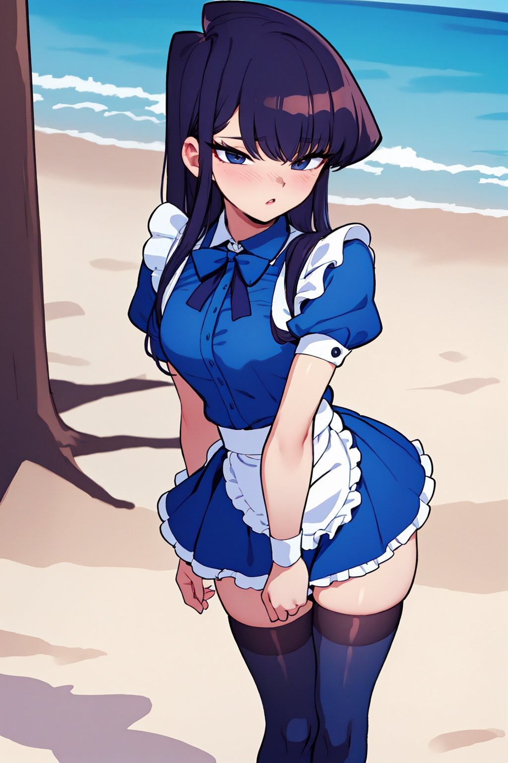 Beautiful, beautiful, high quality, highly detailed, Pose details, caricature, Physical detail, open eyes, blushing, clothing, maid, place, beach, Komi-san by Komi-san can't communicate, Komi-san,skirt,thighhighs,blue shirt,ShokoKomidef,komi_shouko 