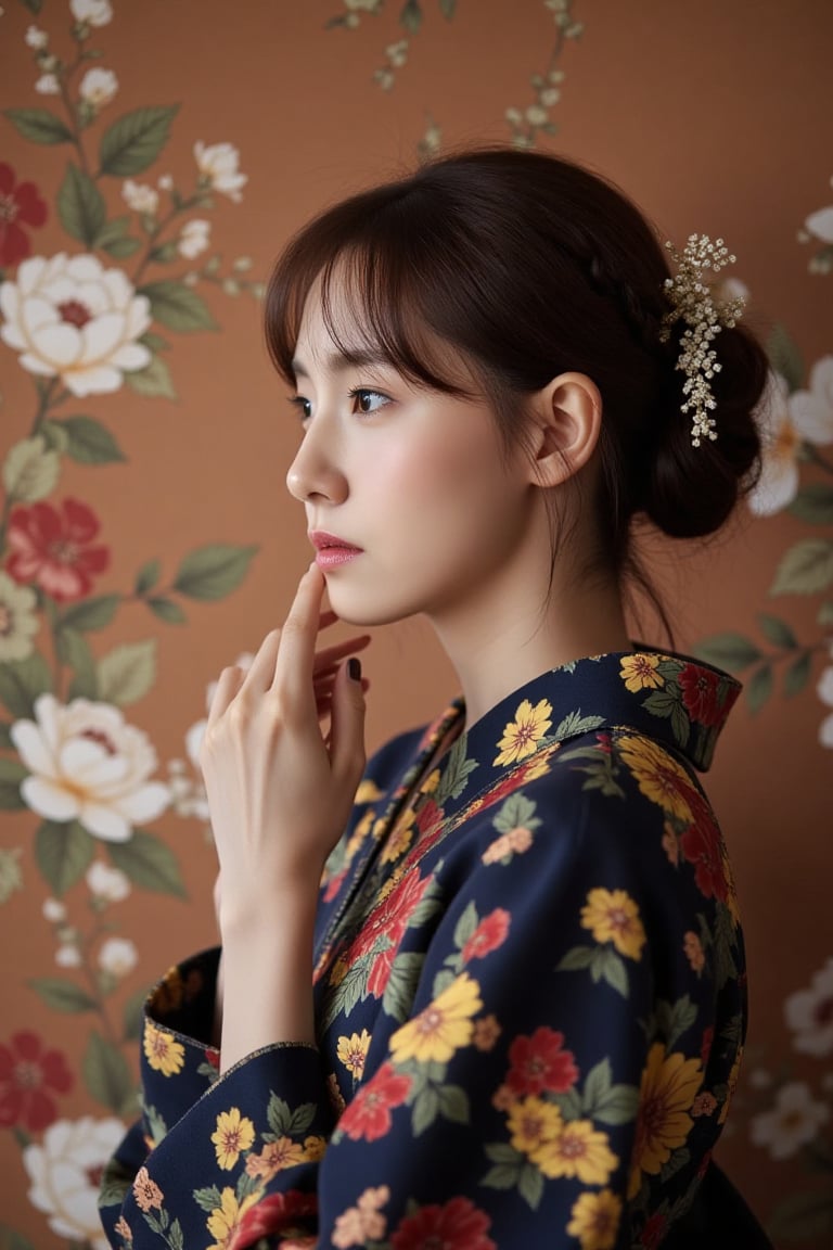 "Create a highly realistic photograph of a young woman captured in a contemplative side profile. Her posture is elegant an...