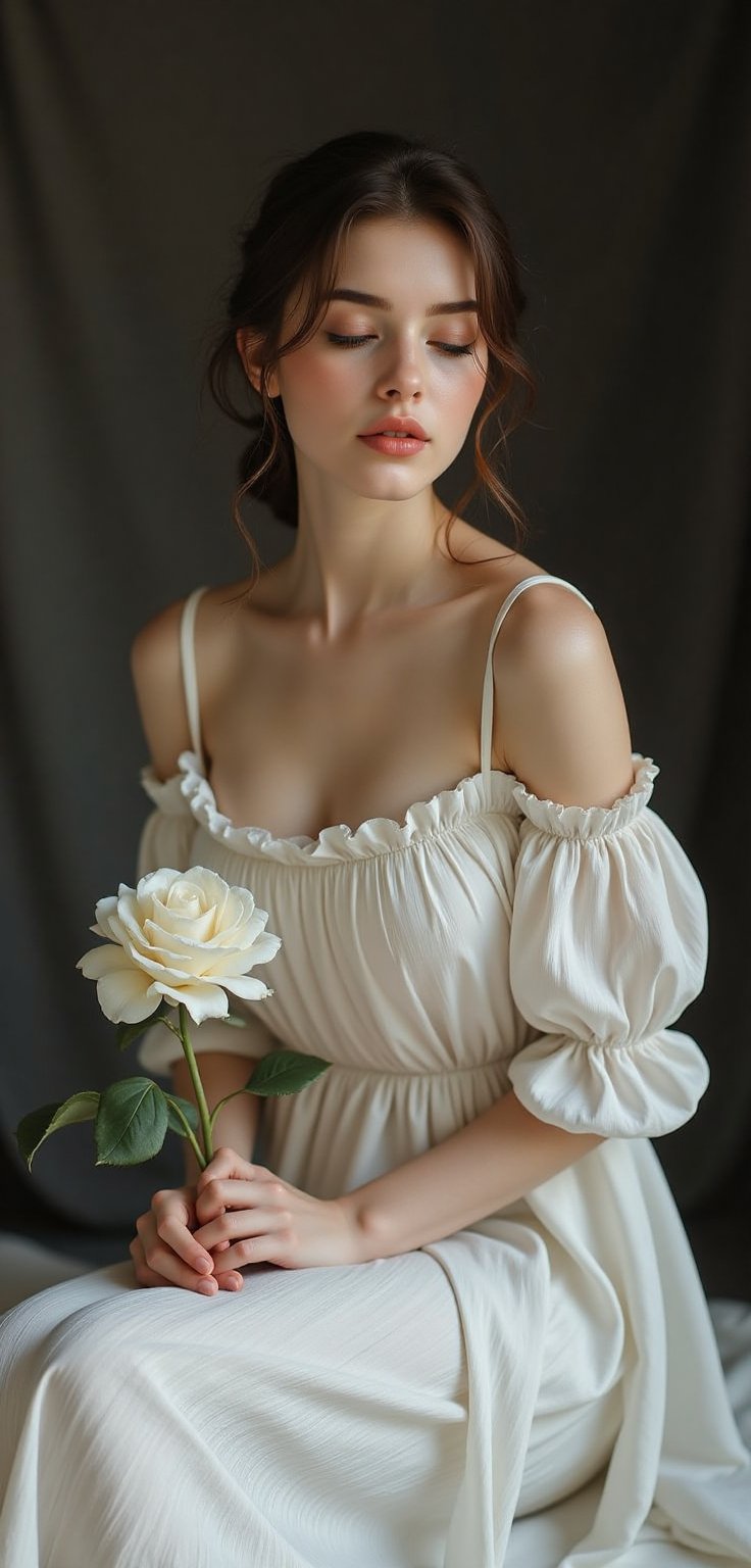 1. **Composition**: Describe the elegant arrangement of the figure sitting in a relaxed pose in front of a soft background...