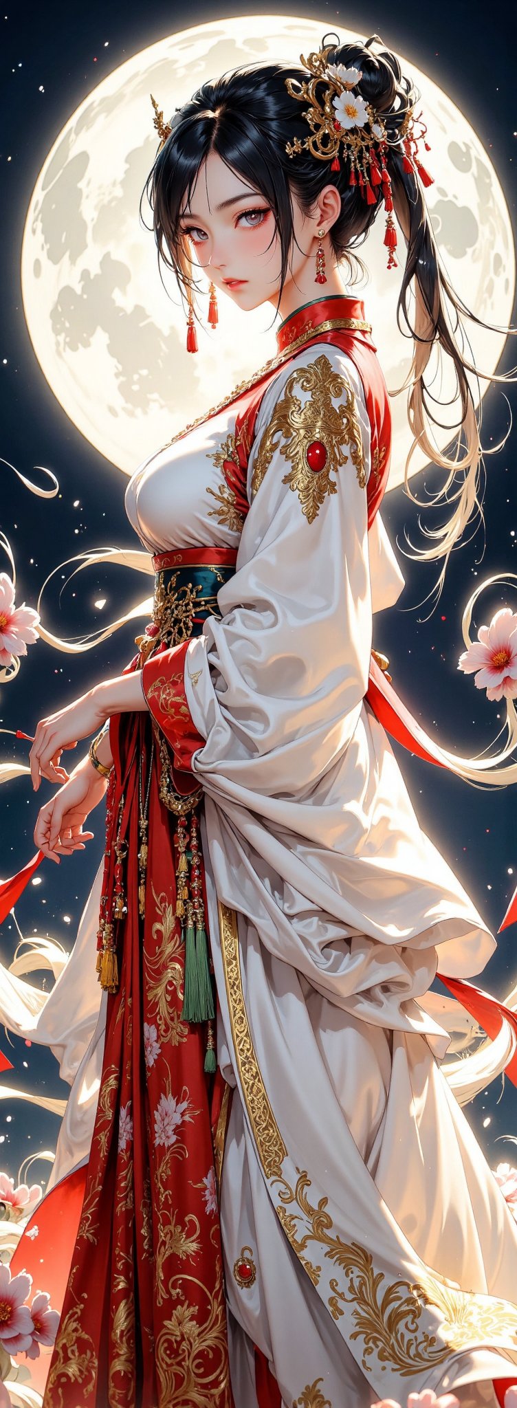 The image depicts a beautifully illustrated scene of a woman dressed in traditional,  ornate attire. She is standing again...