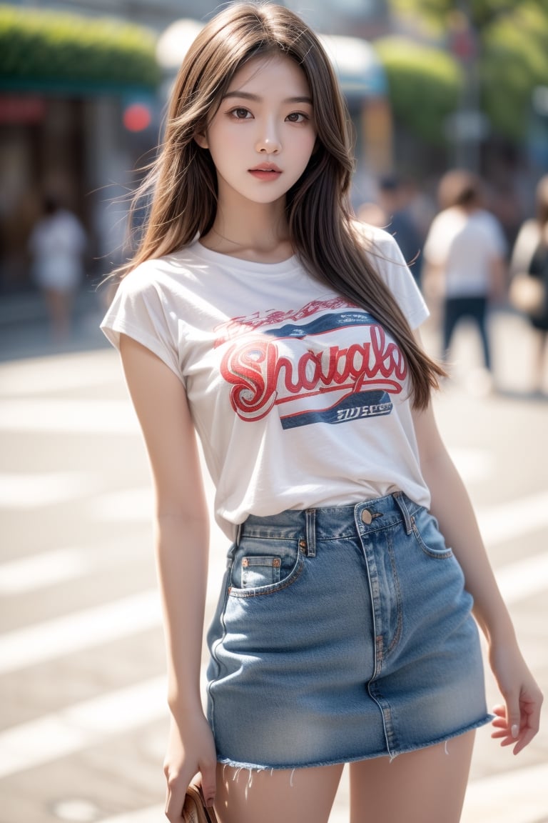 High school student, girl, Shanghai streets, best quality, 32k, realistic, super detailed, fine, high resolution, perfect dynamic composition, beautiful detailed eyes, sharp focus, denim skirt, t-shirt