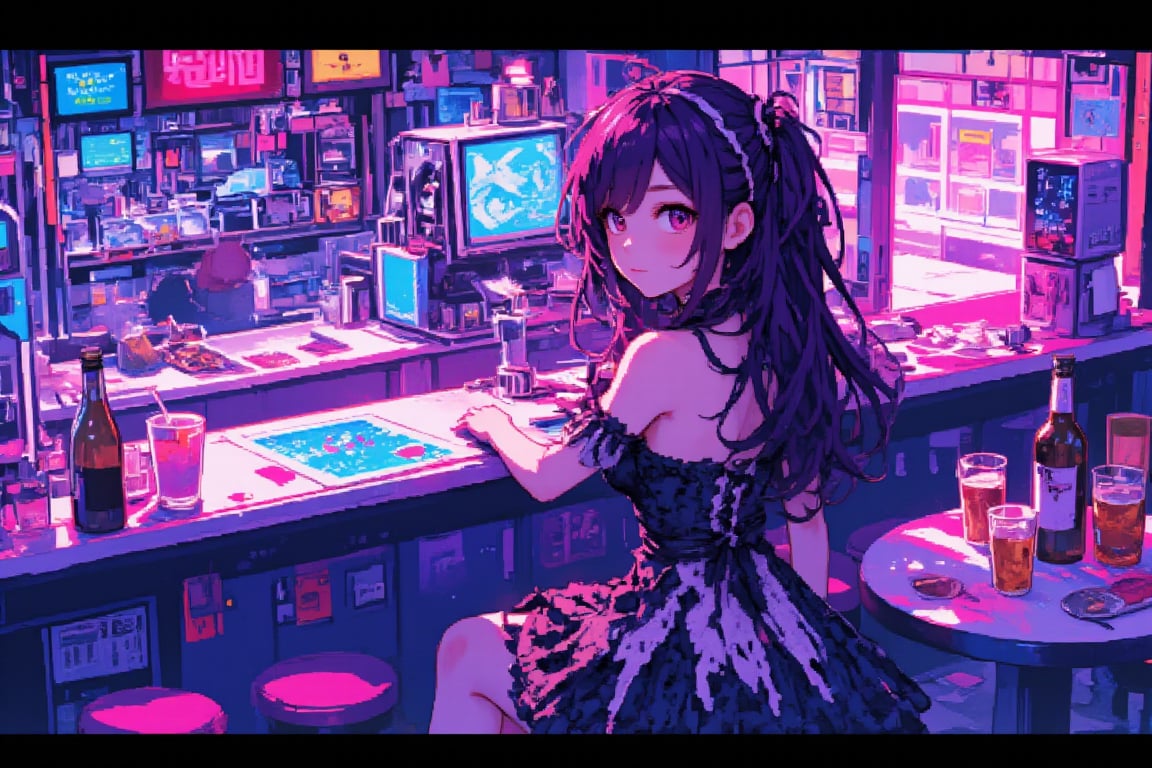 pixel art,1girl,solo, dark purple hair, long hair,messy hair,  hair:1.2, pink eyes,
She wears a loli back dress. 
cyberpunk arcade setting, isometric view, limited color palette, 16-bit era aesthetic, futuristic bar interior, bar table, glasses and alcohol, holographic monitor, neon lighting, old vs new elements, retro-futuristic atmosphere, detailed pixel shading, miniature scene atmosphere, soft vignette edges, cyberpunk color scheme with pastel accents, intricate pixel pattern on dress, glowing technology effect, pixelated lens flare, low-res charm, nostalgic game style, small animation details,lyh,anime,Pixel Art,ZanyEyesStyle