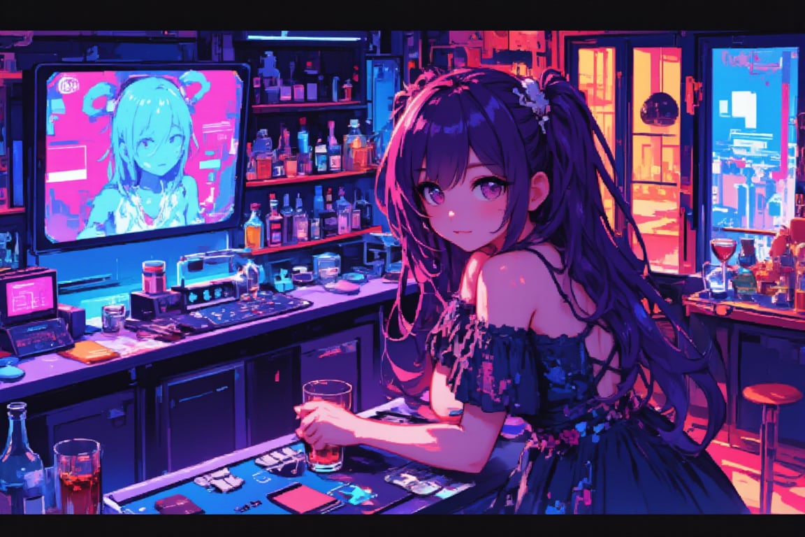 pixel art,1girl,solo, dark purple hair, long hair, pony Tails, hair:1.2, pink eyes,
She wears a loli back dress. 
cyberpunk bar setting, isometric view, limited color palette, 16-bit era aesthetic, futuristic bar interior, bar table, glasses and alcohol, holographic monitor, neon lighting, old vs new elements, retro-futuristic atmosphere, detailed pixel shading, miniature scene atmosphere, soft vignette edges, cyberpunk color scheme with pastel accents, intricate pixel pattern on dress, glowing technology effect, pixelated lens flare, low-res charm, nostalgic game style, small animation details,lyh,anime,Pixel Art,ZanyEyesStyle