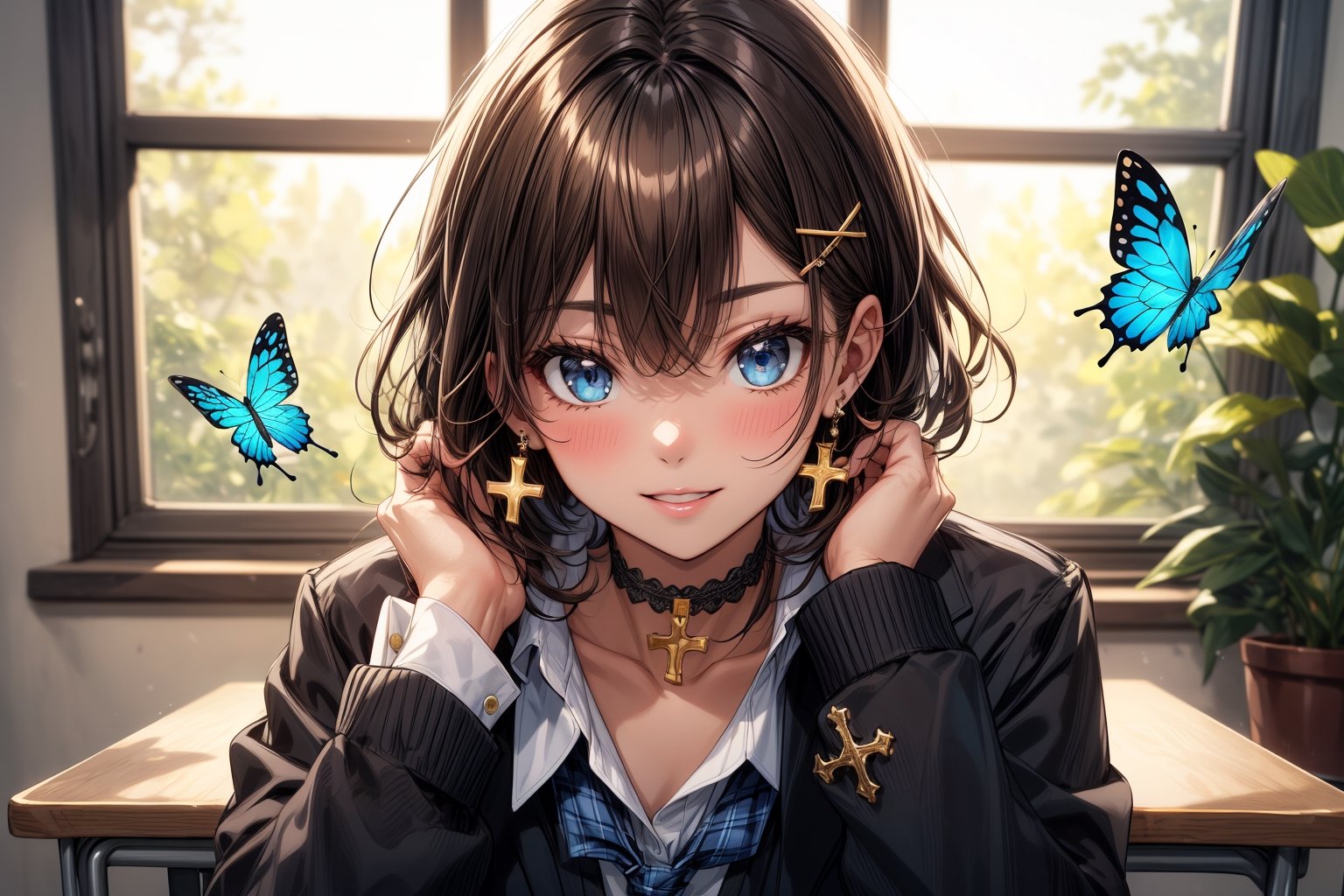 Masterpiece, highest quality, illustration, succubus princess, cute, cute, (portrait: 1.2), (close-up), 1 girl, solo, looking at viewer, blushing, smiling,


Her blue jewel-like eyes are so beautiful that you can almost be sucked into them.
Short hair, small braids (bangs are black and brown), hair between black and brown, holy cross hair ornament, shining blue cross hair ornament, blue cross clip, shiny inner hair (brown and blue) two-tone hair)

Accessories include gold and silver jewelry, x hair ornaments, and cross hair clips.
Butterfly earrings, butterfly & jewel choker (earrings & choker), (silk jet black lace choker), feminine black lace choker

Butterfly earrings, butterfly and jewel choker,
(Earrings and Chokers), A choker is a jet black lace choker accessory that resembles silk women's underwear or gold or silver jewelry.

short hair, bangs, blue eyes, brown hair, shirt, hair ornament, long sleeves, hair between the eyes, sitting, school uniform, jacket, white shirt, parted lips, tie, hair clip, collared shirt, pants, indoors, , medium hair, black jacket, plaid, window,
Plaid slacks, chair, black pants, blazer, hair ornament, blue tie, desk, school desk