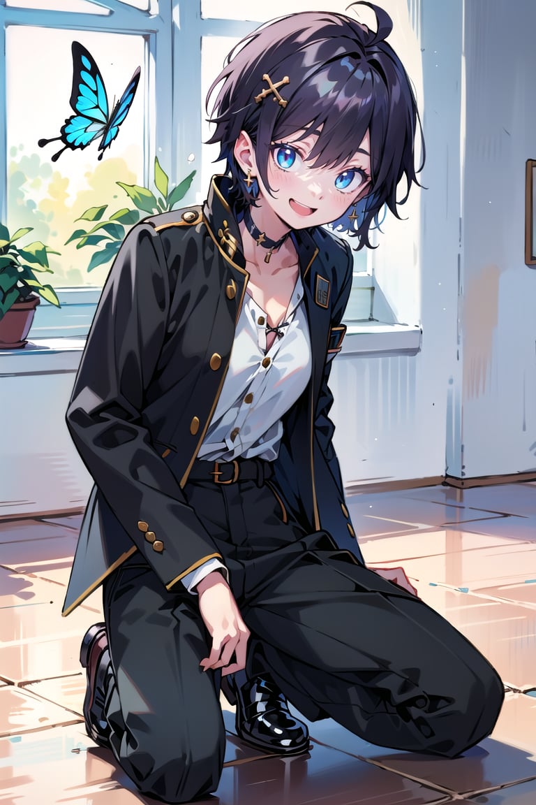 Masterpiece, best quality, super detailed, high resolution,
1 girl, (((gakuran))、medium breasts, (school uniform, (((gakuran, pants))), gakuran student, black clothes, Taisho Roman:1.2), 
Pants, slacks, (wearing school uniform, school uniform, gold buttons),
open clothes, double jacket,

Succubus girl, beautifully detailed, elegant, full body, female, young, beautiful, face, smile, large breasts,

Very small pink hair ribbon, ribbon under hair, ribbon next to ear

Beautiful blue eyes that captivate the viewer,
(((boyish beautiful girl))), (((very short hair))), very cute and beautiful like a boy,
(((eyeshadow))), (large breasts), beautiful breasts,

(((beautiful black hair))),(shiny black hair:1.3),((very short hair, boyish beautiful girl)), blue butterfly hair ornament, lace choker, cross accessory, earrings, blue hair lining, (small pink ribbon hair ornament:0.6)