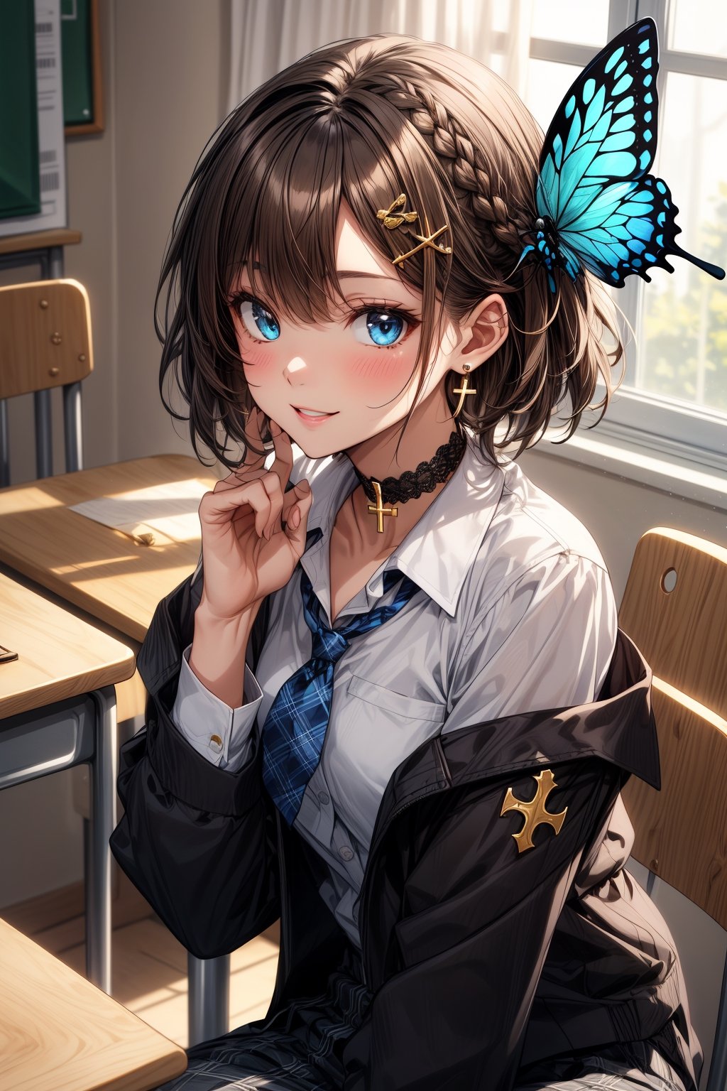 Masterpiece, highest quality, illustration, succubus princess, cute, cute, (portrait: 1.2), (close-up), 1 girl, solo, looking at viewer, blushing, smiling,


Her blue jewel-like eyes are so beautiful that you can almost be sucked into them.
Short hair, small braids (bangs are black and brown), hair between black and brown, holy cross hair ornament, shining blue cross hair ornament, blue cross clip, shiny inner hair (brown and blue) two-tone hair)

Accessories include gold and silver jewelry, x hair ornaments, and cross hair clips.
Butterfly earrings, butterfly & jewel choker (earrings & choker), (silk jet black lace choker), feminine black lace choker

Butterfly earrings, butterfly and jewel choker,
(Earrings and Chokers), A choker is a jet black lace choker accessory that resembles silk women's underwear or gold or silver jewelry.

short hair, bangs, blue eyes, brown hair, shirt, hair ornament, long sleeves, hair between the eyes, sitting, school uniform, jacket, white shirt, parted lips, tie, hair clip, collared shirt, pants, indoors, , medium hair, black jacket, plaid, window,
Plaid slacks, chair, black pants, blazer, hair ornament, blue tie, desk, school desk