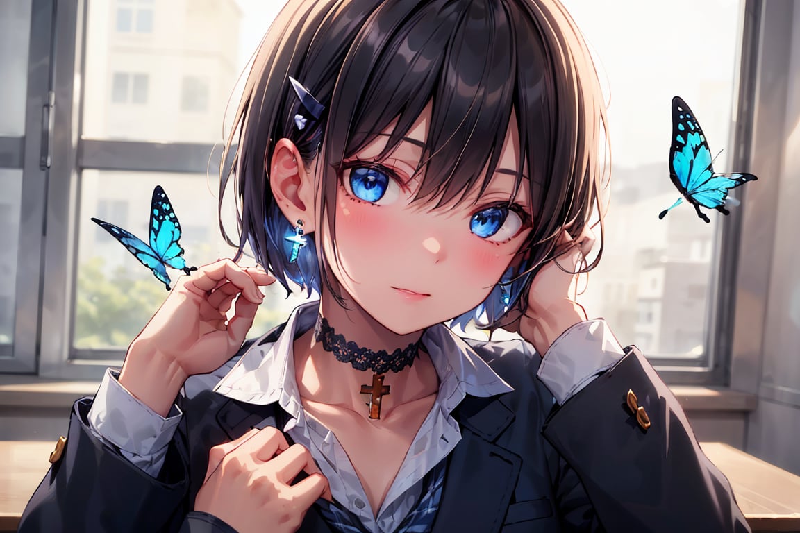 Masterpiece, Top quality, Illustration, Succubus princess, Cute, Pretty, (Portrait: 1.2), (Close-up),
(Glossy black hair, boyish beautiful girl), (Very short hair), Long bangs and short hair at the back, Blue inside, Blue butterfly hair accessory, (Blue cross earrings), Lace neck choker with a cross, Her blue jewel-like eyes are so beautiful they seem to draw you in, Blake,
(Adjusting earrings with both hands: 1.3), ((Adjusting hair with both hands)), (Fingers of both hands touching ears: 1), (Slightly open chest and blue tie: 0.6), Blake,
Beautiful fingers, Cute detailed fingers, Dainty high school girl fingers, Hair clip,
Feminine black lace choker , the choker is a jet black lace choker accessory that resembles silk women's underwear and gold and silver jewelry, sitting, school uniform, jacket, white collared shirt, plaid, window, plaid slacks, chair, blazer, hair accessory, blue tie, desk, school desk