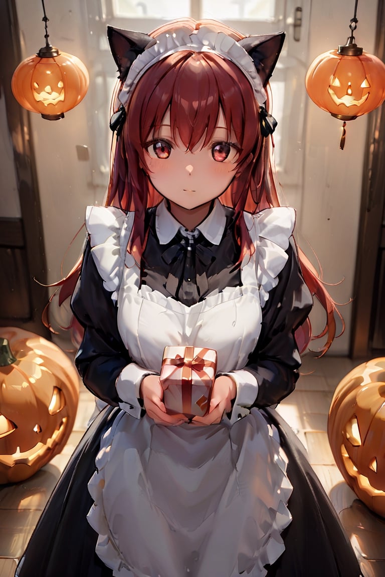 A lively girl with cat ears. Her long hair features red stripes and red inner hair. Her eyes are bright red. She's wearing...