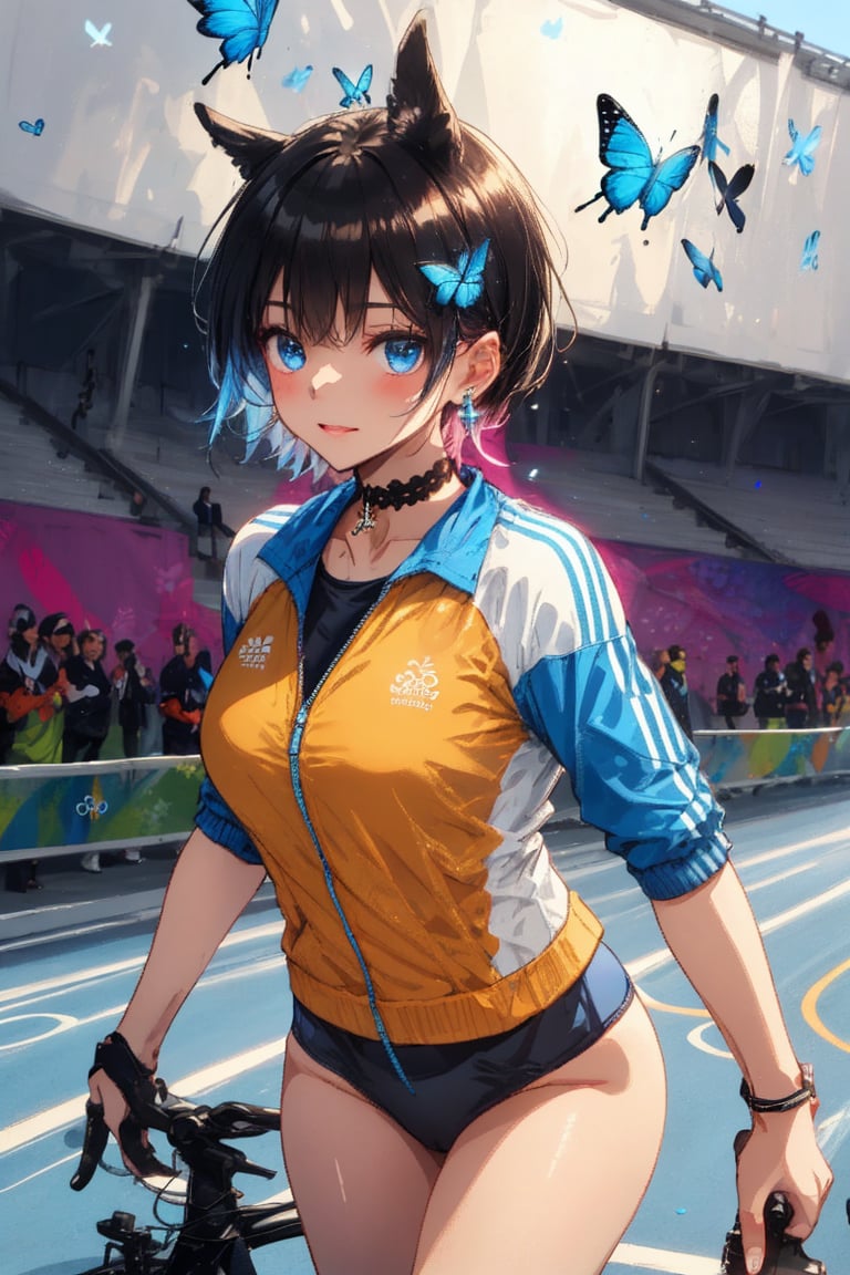 (masterpiece, best quality), high resolution, artistic composition,
cute, pretty, (cycling in a triathlon swimsuit), beautiful girl on a bike. (olympic track), pedaling (biking in a swimsuit) with determination. The soft sunlight shines on her face, casting a warm glow on her sweaty skin. In the background, an excited ((spectator)) and shiny track equipment blend together in a blur. Capture the joyous energy and focus on her face as she gives it her all. Blake, (((Bright and modern sportswear with the official Olympic colors and logo))), Innocent and determined Olympic,
((Very short hair)) Boyish, (Beautiful girl with short dark hair), Boyish beauty, (Very short hair, Very short hair), Boyish girl, Well-dressed woman, Active girl, (Blue butterflies and pink petals fluttering in the background), (Light blue inside of hair), Beautiful plump legs, Confident and sexy expression, (Wide frilly lace choker 1.3), Shiny cross on choker (Amazingly beautiful shiny pointed ears hidden in hair: 0.9), Demon ears slightly visible during transformation, Succubus ears slightly visible through hair, (Beautiful blue eyes), Jewelry like these blue eyes, (Shiny black hair), Black hair, (Hair with color on the inside), Blue hair in the back, Two-tone hair, Cross lace choker, Cross necklace, Cross earrings, Blue butterfly hair accessory, (Cross hairpin), (Small pink hair accessory on ear: 0.4), Attractive succubus,