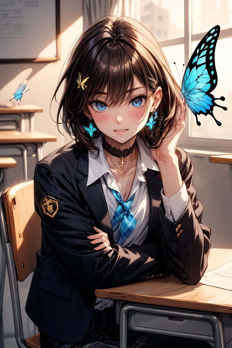 Masterpiece, highest quality, illustration, succubus princess, cute, cute, (portrait: 1), (close-up:1), 1 girl, solo, looking at viewer, blushing, smiling,


Her blue jewel-like eyes are so beautiful that you can almost be sucked into them.
Short hair, small braids (bangs are black and brown), hair between black and brown, holy cross hair ornament, shining blue cross hair ornament, blue cross clip, shiny inner hair (brown and blue) two-tone hair)

Accessories include gold and silver jewelry, x hair ornaments, and cross hair clips.
Butterfly earrings, butterfly & jewel choker (earrings & choker), (silk jet black lace choker), feminine black lace choker

Butterfly earrings, butterfly and jewel choker,
(Earrings and Chokers), A choker is a jet black lace choker accessory that resembles silk women's underwear or gold or silver jewelry.

short hair, bangs, blue eyes, brown hair, shirt, hair ornament, long sleeves, hair between the eyes, sitting, school uniform, jacket, white shirt, parted lips, tie, hair clip, collared shirt, pants, indoors, , medium hair, black jacket, plaid, window,
Plaid slacks, chair, black pants, blazer, hair ornament, blue tie, desk, school desk