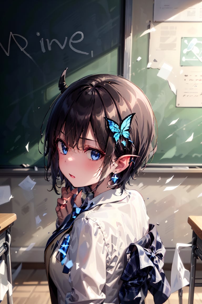 Very detailed, High quality, Masterpiece, Beautiful, BREAK 1 Girl, (Solo), (16 years old), (Very short hair, boyish beautiful girl: 1.2), (Short hair at the back, long hair at the front) Blake, (Focus on blackboard, large blackboard), (Blue eyes, beautiful like jewels), Embarrassed expression, BREAK, ((Standing, large blackboard in background)), Graffiti written on classroom blackboard, Illustration of succubus, Illustration of female demon drawn in illustration, Hand-drawn illustration of succubus, BREAK, Dark blue blazer uniform, White collar shirt, Long sleeves, (Blue tie), (Gray and blue checkered blazer pants, Blue checkered pants), Dark jacket, BREAK Viewer, Concentration, Tilting head, (Cute gesture: 1.2), ((Blue cross) earrings, Blue inside of hair), Blue butterfly hair ornament on head