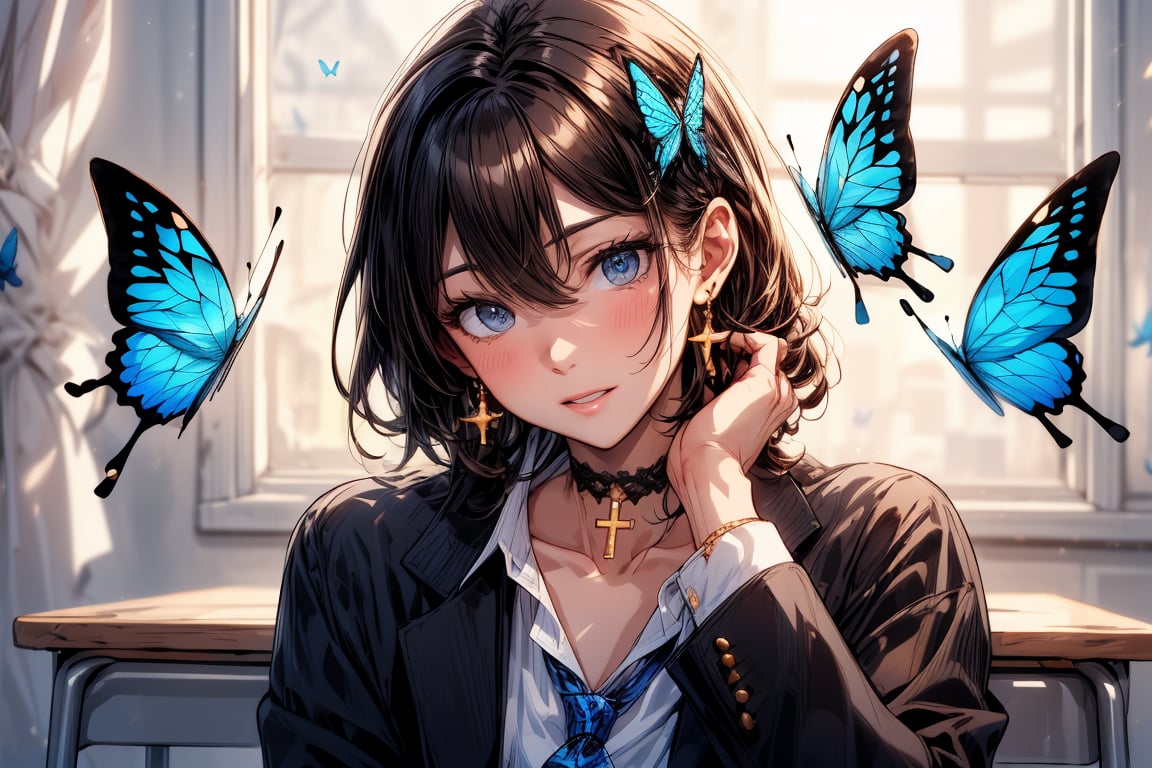 Masterpiece, highest quality, illustration, succubus princess, cute, cute, (portrait: 1), (close-up:1), 1 girl, solo, looking at viewer, blushing, smiling,


Her blue jewel-like eyes are so beautiful that you can almost be sucked into them.
Short hair, small braids (bangs are black and brown), hair between black and brown, holy cross hair ornament, shining blue cross hair ornament, blue cross clip, shiny inner hair (brown and blue) two-tone hair)

Accessories include gold and silver jewelry, x hair ornaments, and cross hair clips.
Butterfly earrings, butterfly & jewel choker (earrings & choker), (silk jet black lace choker), feminine black lace choker

Butterfly earrings, butterfly and jewel choker,
(Earrings and Chokers), A choker is a jet black lace choker accessory that resembles silk women's underwear or gold or silver jewelry.

short hair, bangs, blue eyes, brown hair, shirt, hair ornament, long sleeves, hair between the eyes, sitting, school uniform, jacket, white shirt, parted lips, tie, hair clip, collared shirt, pants, indoors, , medium hair, black jacket, plaid, window,
Plaid slacks, chair, black pants, blazer, hair ornament, blue tie, desk, school desk