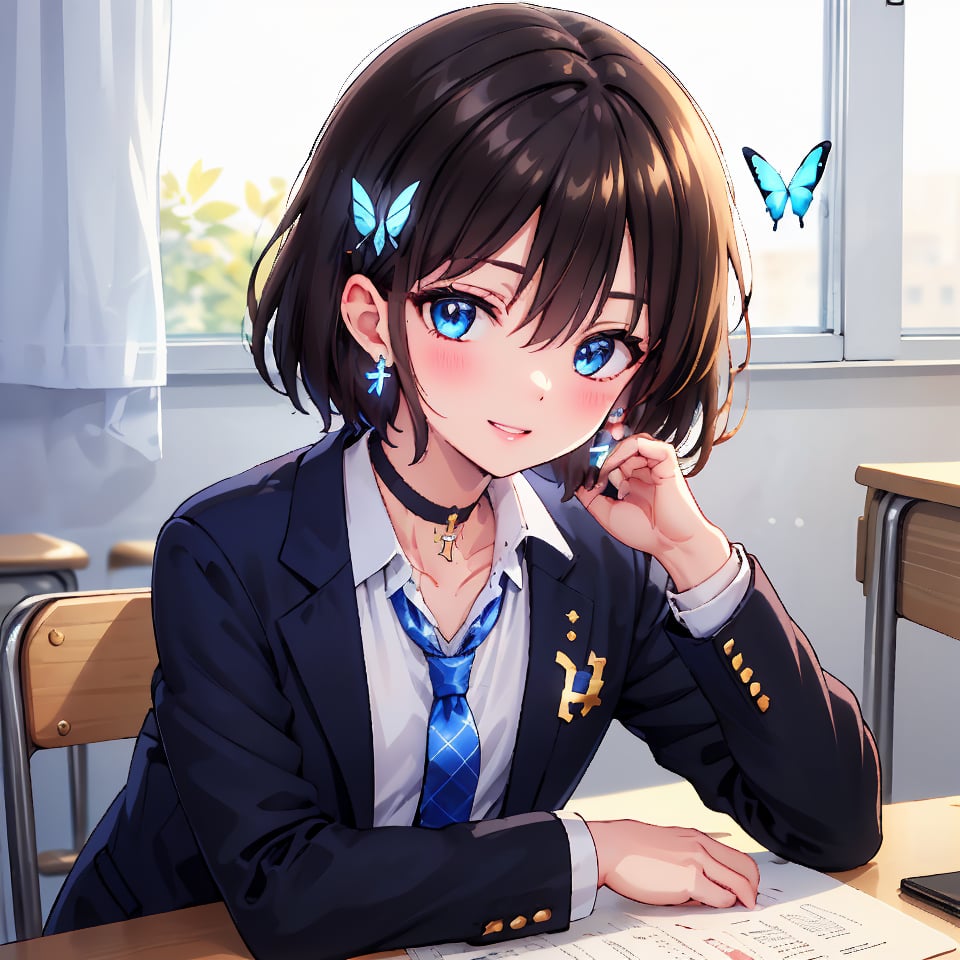 Masterpiece, highest quality, illustration, succubus princess, cute, cute, (portrait: 1), (close-up:1), 1 girl, solo, looking at viewer, blushing, smiling,


Her blue jewel-like eyes are so beautiful that you can almost be sucked into them.
Short hair, small braids (bangs are black and brown), hair between black and brown, holy cross hair ornament, shining blue cross hair ornament, blue cross clip, shiny inner hair (brown and blue) two-tone hair)

Accessories include gold and silver jewelry, x hair ornaments, and cross hair clips.
Butterfly earrings, butterfly & jewel choker (earrings & choker), (silk jet black lace choker), feminine black lace choker

Butterfly earrings, butterfly and jewel choker,
(Earrings and Chokers), A choker is a jet black lace choker accessory that resembles silk women's underwear or gold or silver jewelry.

short hair, bangs, blue eyes, brown hair, shirt, hair ornament, long sleeves, hair between the eyes, sitting, school uniform, jacket, white shirt, parted lips, tie, hair clip, collared shirt, pants, indoors, , medium hair, black jacket, plaid, window,
Plaid slacks, chair, black pants, blazer, hair ornament, blue tie, desk, school desk