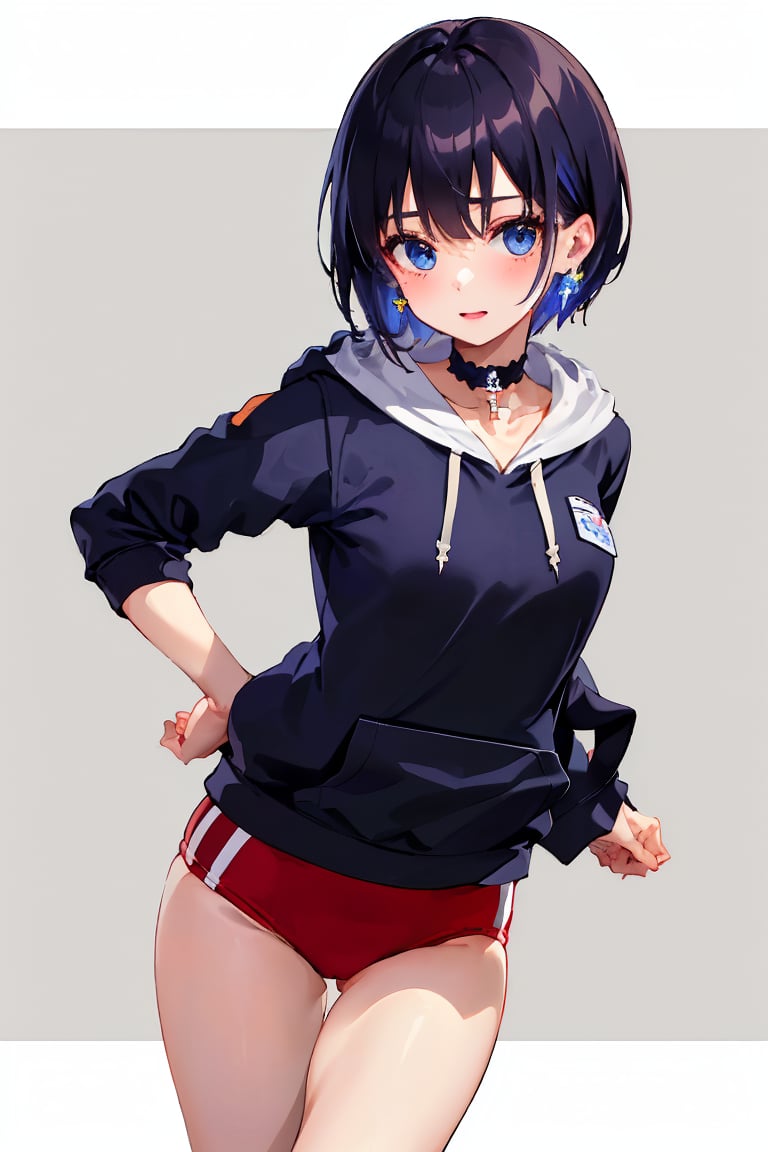 Masterpiece, top quality, (boyish beautiful girl:1.2), (burum:1.3) ((hoodie)), (Hoodie:1.3), Hoodie with Hood, Hoodie with Front Pocket,
((Glossy black hair)), ((gym uniform buruma))
Blue hair inside, blue butterfly hair accessory, shiny cross earrings, cross lace choker, very short hair, (Nakano Ichika), white line, 2 lines,jyojifuku,glowing cross earrings,blue inside of hair,((BRS0, KJP530R, burumaR,BRS2, KJP530SR, burumaR2,taisoufuku burumaR2))