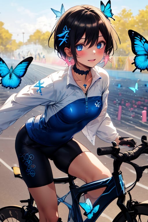 (masterpiece, best quality), high resolution, artistic composition,
cute, pretty, (cycling in a triathlon swimsuit), beautiful girl on a bike. (olympic track), pedaling (biking in a swimsuit) with determination. The soft sunlight shines on her face, casting a warm glow on her sweaty skin. In the background, an excited ((spectator)) and shiny track equipment blend together in a blur. Capture the joyous energy and focus on her face as she gives it her all. Blake, (((Bright and modern sportswear with the official Olympic colors and logo))), Innocent and determined Olympic,
((Very short hair)) Boyish, (Beautiful girl with short dark hair), Boyish beauty, (Very short hair, Very short hair), Boyish girl, Well-dressed woman, Active girl, (Blue butterflies and pink petals fluttering in the background), (Light blue inside of hair), Beautiful plump legs, Confident and sexy expression, (Wide frilly lace choker 1.3), Shiny cross on choker (Amazingly beautiful shiny pointed ears hidden in hair: 0.9), Demon ears slightly visible during transformation, Succubus ears slightly visible through hair, (Beautiful blue eyes), Jewelry like these blue eyes, (Shiny black hair), Black hair, (Hair with color on the inside), Blue hair in the back, Two-tone hair, Cross lace choker, Cross necklace, Cross earrings, Blue butterfly hair accessory, (Cross hairpin), (Small pink hair accessory on ear: 0.4), Attractive succubus,