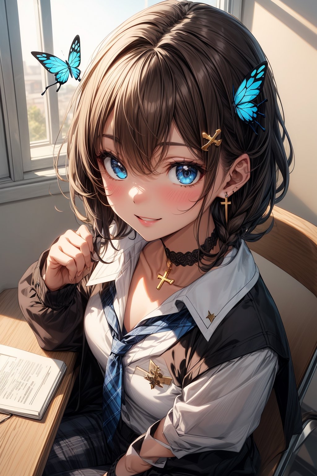 Masterpiece, highest quality, illustration, succubus princess, cute, cute, (portrait: 1.2), (close-up), 1 girl, solo, looking at viewer, blushing, smiling,


Her blue jewel-like eyes are so beautiful that you can almost be sucked into them.
Short hair, small braids (bangs are black and brown), hair between black and brown, holy cross hair ornament, shining blue cross hair ornament, blue cross clip, shiny inner hair (brown and blue) two-tone hair)

Accessories include gold and silver jewelry, x hair ornaments, and cross hair clips.
Butterfly earrings, butterfly & jewel choker (earrings & choker), (silk jet black lace choker), feminine black lace choker

Butterfly earrings, butterfly and jewel choker,
(Earrings and Chokers), A choker is a jet black lace choker accessory that resembles silk women's underwear or gold or silver jewelry.

short hair, bangs, blue eyes, brown hair, shirt, hair ornament, long sleeves, hair between the eyes, sitting, school uniform, jacket, white shirt, parted lips, tie, hair clip, collared shirt, pants, indoors, , medium hair, black jacket, plaid, window,
Plaid slacks, chair, black pants, blazer, hair ornament, blue tie, desk, school desk