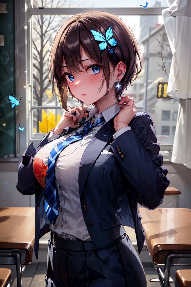 Very detailed, High quality, Masterpiece, Beautiful, BREAK 1 Girl, (Solo), (16 years old), (Very short hair, boyish beautiful girl: 1.2), (Short hair at the back, long hair at the front) Blake, (Focus on blackboard, large blackboard), (Blue eyes, beautiful like jewels), Embarrassed expression, BREAK, ((Standing, large blackboard in background)), Graffiti written on classroom blackboard, Illustration of succubus, Illustration of female demon drawn in illustration, Hand-drawn illustration of succubus, BREAK, Dark blue blazer uniform, White collar shirt, Long sleeves, (Blue tie), (Gray and blue checkered blazer pants, Blue checkered pants), Dark jacket, BREAK Viewer, Concentration, Tilting head, (Cute gesture: 1.2), ((Blue cross) earrings, Blue inside of hair), Blue butterfly hair ornament on head