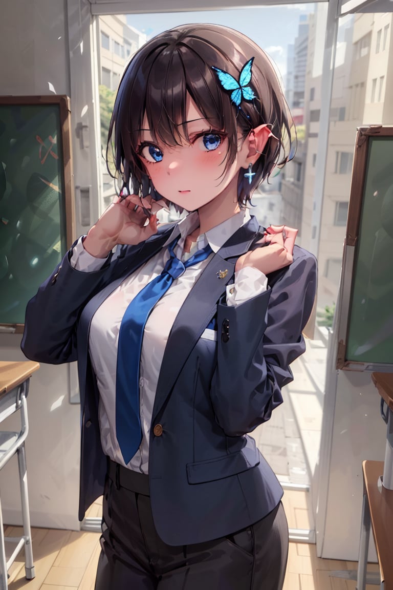 Very detailed, High quality, Masterpiece, Beautiful, BREAK 1 Girl, (Solo), (16 years old), (Very short hair, boyish beautiful girl: 1.2), (Short hair at the back, long hair at the front) Blake, (Focus on blackboard, large blackboard), (Blue eyes, beautiful like jewels), Embarrassed expression, BREAK, ((Standing, large blackboard in background)), Graffiti written on classroom blackboard, Illustration of succubus, Illustration of female demon drawn in illustration, Hand-drawn illustration of succubus, BREAK, Dark blue blazer uniform, White collar shirt, Long sleeves, (Blue tie), (Gray and blue checkered blazer pants, Blue checkered pants), Dark jacket, BREAK Viewer, Concentration, Tilting head, (Cute gesture: 1.2), ((Blue cross) earrings, Blue inside of hair), Blue butterfly hair ornament on head