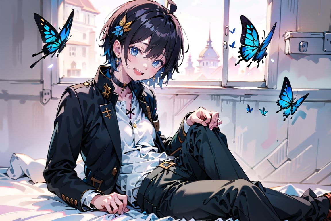 Masterpiece, best quality, super detailed, high resolution,
1 girl, (((gakuran))、medium breasts, (school uniform, (((gakuran, pants))), gakuran student, black clothes, Taisho Roman:1.2), 
Pants, slacks, (wearing school uniform, school uniform, gold buttons),
open clothes, double jacket,

Succubus girl, beautifully detailed, elegant, full body, female, young, beautiful, face, smile, large breasts,

Very small pink hair ribbon, ribbon under hair, ribbon next to ear

Beautiful blue eyes that captivate the viewer,
(((boyish beautiful girl))), (((very short hair))), very cute and beautiful like a boy,
(((eyeshadow))), (large breasts), beautiful breasts,

(((beautiful black hair))),(shiny black hair:1.3),((very short hair, boyish beautiful girl)), blue butterfly hair ornament, lace choker, cross accessory, earrings, blue hair lining, (small pink ribbon hair ornament:0.6)