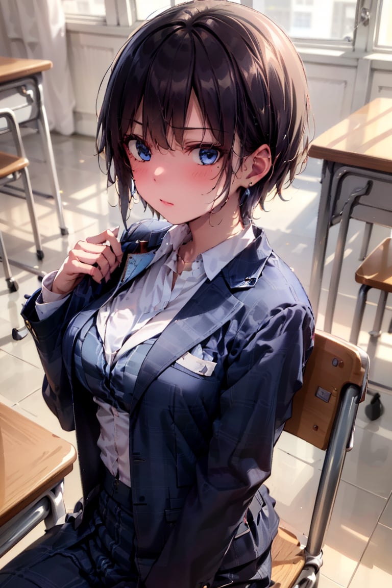 High quality, masterpiece, beautiful, BREAK 1 girl, (solo), (lustrous black hair), (sitting on desk: 1.3), (very short hair, boyish beautiful girl), (short back hair, long front hair) Blake, ((black bra: 0.7), (off-shoulder uniform: 0.7), slightly jet black bra visible (beautiful cleavage: 0.6), (undressing on desk), (blue eyes, beautiful like jewels), embarrassed expression, BREAK, sitting on desk, sitting on desk, in school library or classroom, (illustration of open notebook, old illustration of female demon drawn in book illustration, pencil drawing of succubus drawn in old manuscript, old manuscript, BREAK, dark blue blazer uniform, white collar shirt, long sleeves, (blue tie), (gray and blue checkered blazer pants: 1.4) (. (blue checkered pants: 1.2), dark jacket, BREAK Viewer, Concentrating, Tilting Head, (Cute Gestures: 1.2), ((Blue Cross) Earrings, Blue Inside Hair), Blue Butterfly Hair Headpiece, Blue Butterfly Hair Accessory, Shiny Cross Earrings, (Cross Lace Choker), Classroom, ((Nakano Ichika:0.6))